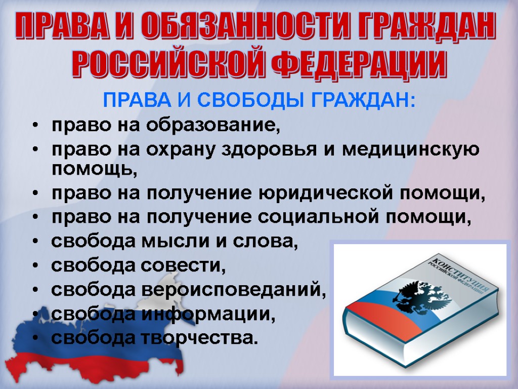 ПРАВА И СВОБОДЫ ГРАЖДАН: право на образование, право на охрану здоровья и медицинскую помощь,